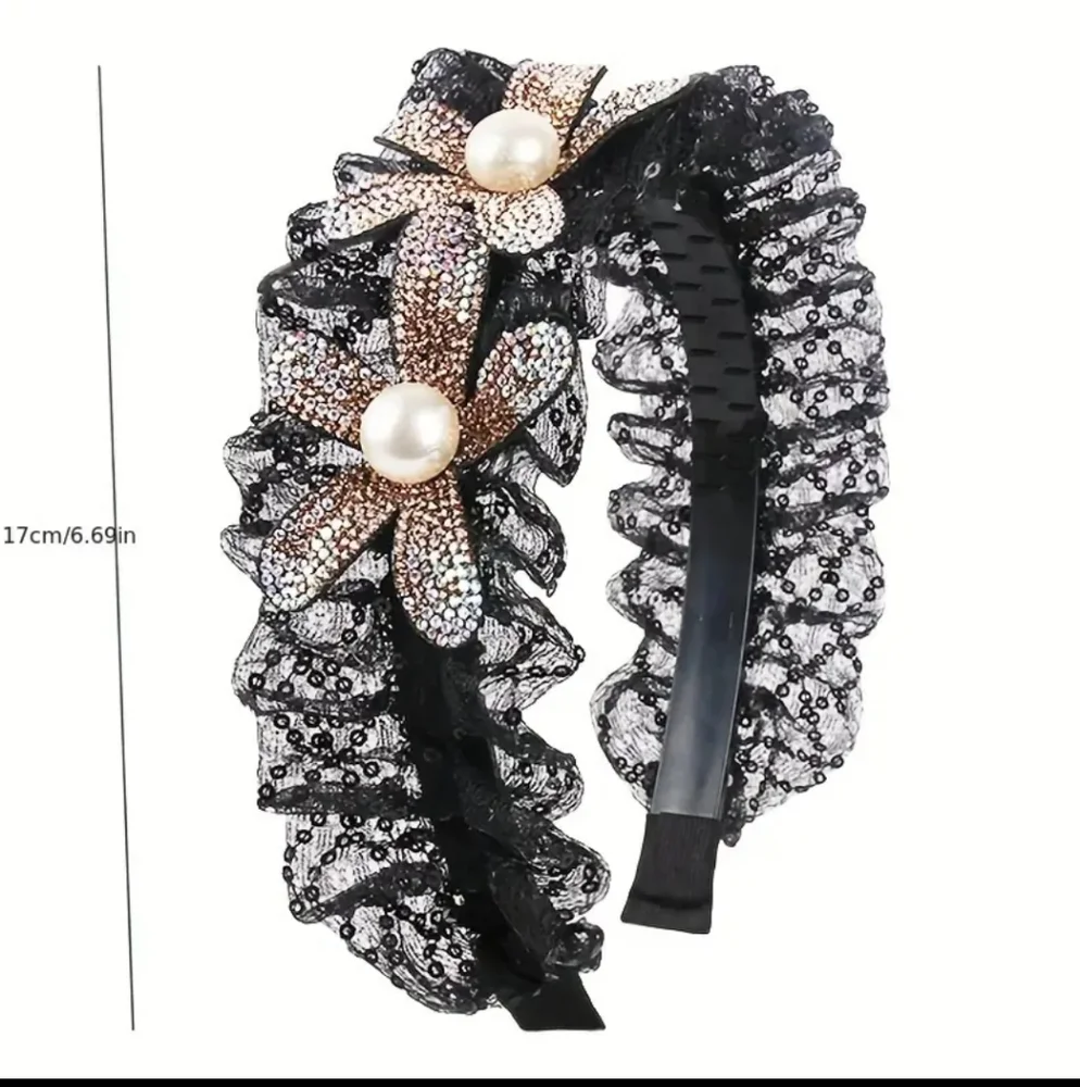 Black Lace Headband Embellished Faux Pearl and Rhinestone Sunflowers Side Tilt